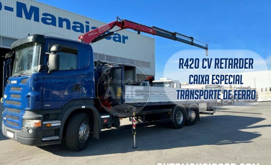 SCANIA R420 6X2 EURO5 RETARDER ESPECIAL TRANSPORTE FERRO COM GRUA FASSI F95A